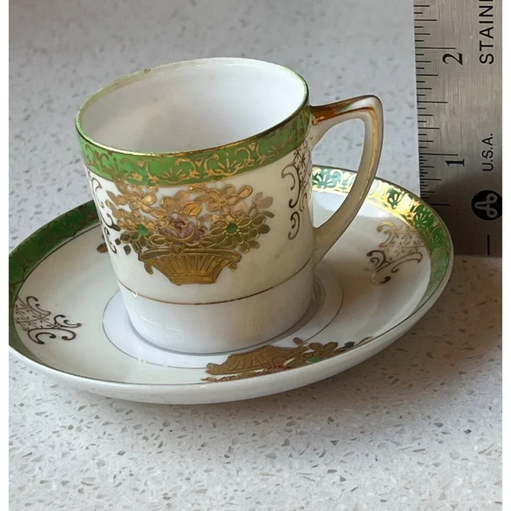 Hand Painted SGK China Demitasse Cup & Saucer Set With Gold & Green Floral Desig